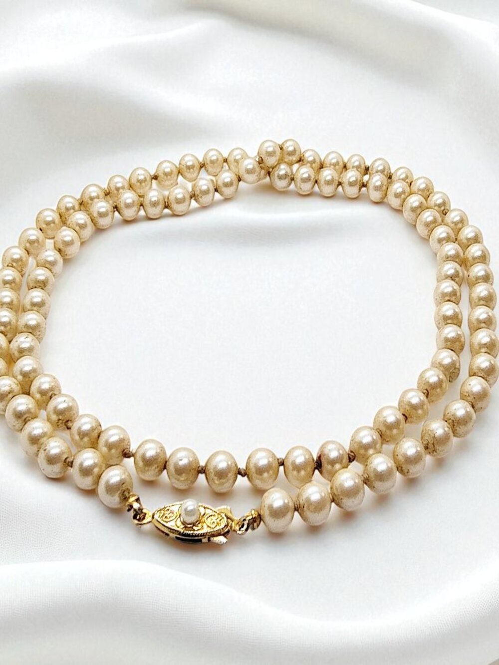 Vintage Long Ivory White Glass Pearl Necklace - 25 Inches